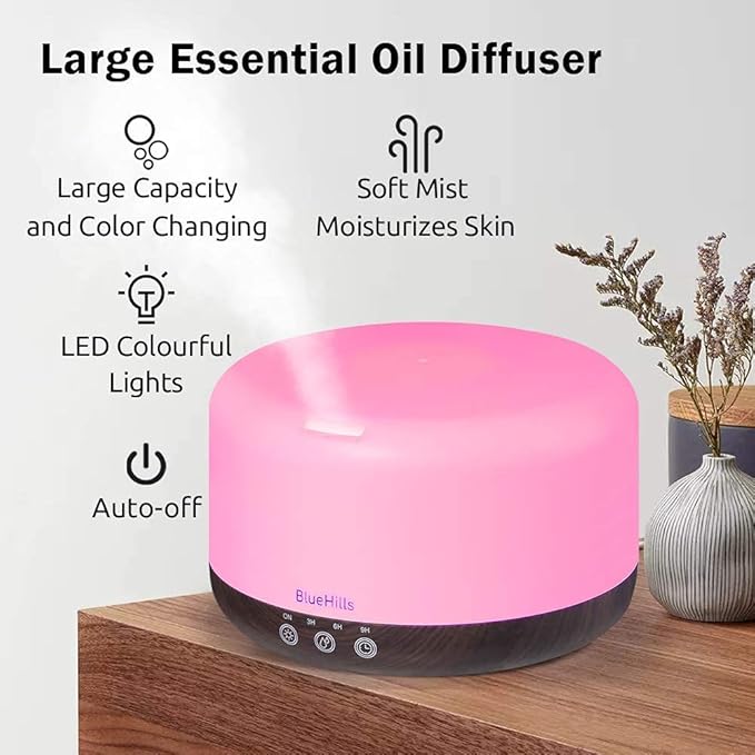 BlueHills Premium Large 3000 ML and 1000 ML XL Essential Oil Diffusers Humidifiers Combo Set of 2 for Large Room Home with Décor LED Lights Great Gift – Dark Wood Grain.