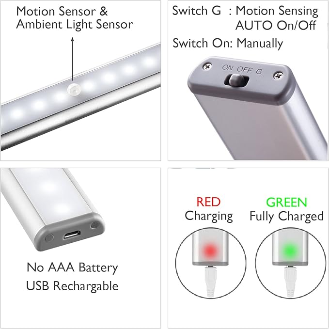 MOSTON Motion Sensor Closet Lights, 20 LED Cordless Under Cabinet Lighting with Built-in Rechargeable Battery, Stick-on Anywhere Magnetic Night Lamp for Cupboard Cabinet Kitchen Stairs