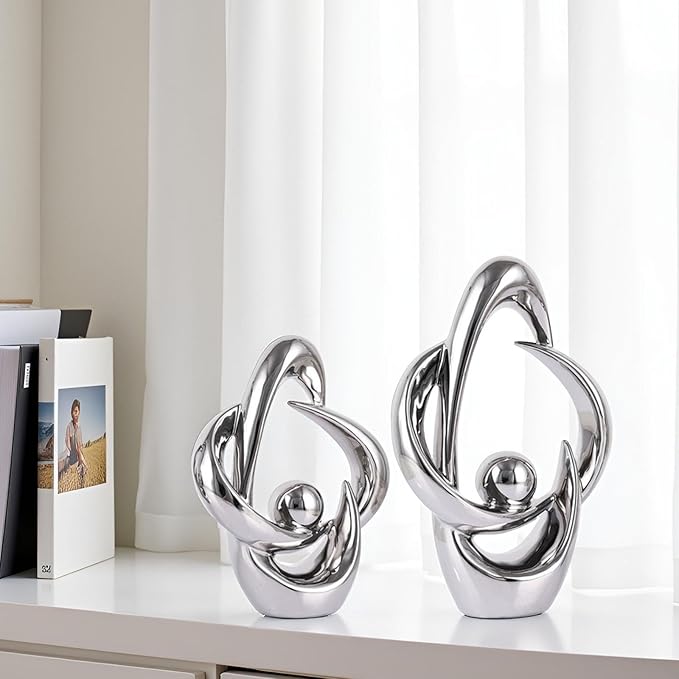 2PCS Home Decor Accent Ceramic Statue Abstract Sculptures Centerpieces Mid Century Modern Decor for Tables Coffee Table top Decorations for Living Room Desktop Shelf Dining Room Kitchen (Sliver)