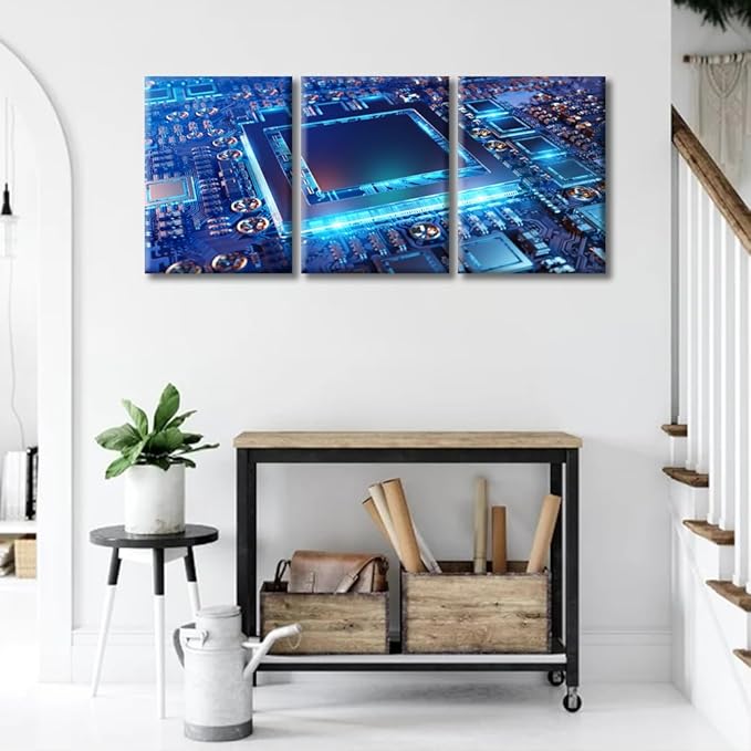 Canvas Wall Art Computer Processors CPU Wall Art for Living Room 3 Piece Modern GPU Card with Circuit and Colorful Lights Wall Decor Living Room Print on Canvas Framed Ready to Hang (36"Wx16"H)