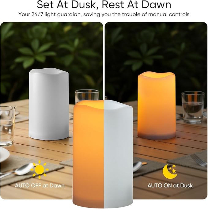 Raycare 3"x5" Outdoor Waterproof Flameless Candles-Auto Light Sensor Dusk to Dawn, 2Pcs Flickering LED Candle, Battery Operated Electric Fake Pillar Candle for Garden, Porch, Patio, Lantern Decor