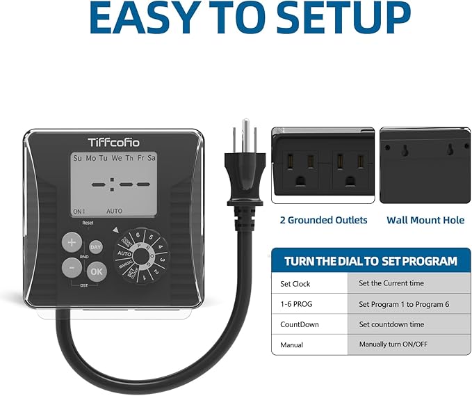 TiFFCOFiO New Digital Outdoor Timer Waterproof, Dial Programmable Method, Outdoor Light Timer with 2FT Extension Cord, 2 Grounded Electrical Outlets for Lights, 6 Sets of Programs, 15A/1875W
