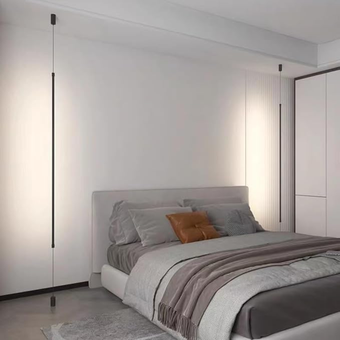 Black Modern Minimalist Pendant Light Linear Floor to Ceiling Light Long Strip LED Pendant Lights 31.5" Hardwired Bedside Hanging Lamp for Bedroom TV Background