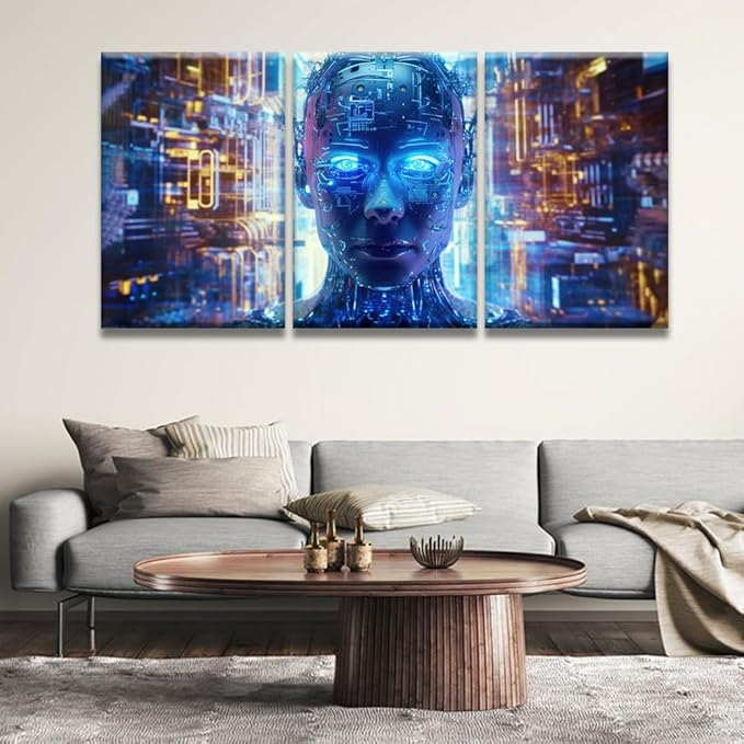 LSIUHWUWI Artificial Intelligence, Cyber Security Pictures for Bedroom Wall Decor 3 Panel Wall Art Print on Canvas Posters and Prints Wall Hanging Decor Frame Artwork Ready to Hang 16x24inchx3