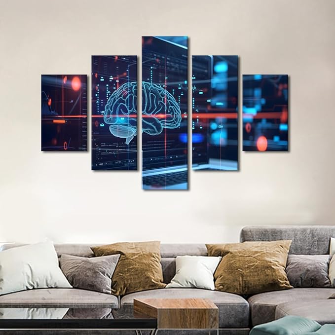 TUMOVO 5 Panel Artificial Intelligence Concept with Human Brain Wall Art for Bedroom Large Living Room Wall Decor Digital Brain on Modern Computer Background Poster Framed Ready to Hang 60" Wx40 H