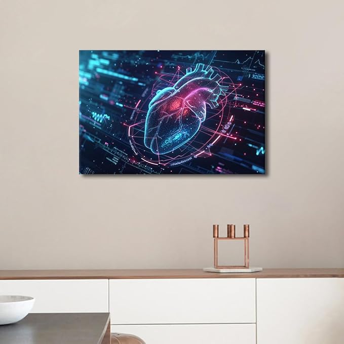 Artificial Intelligence Heart Paintings Canvas Wall Art Framed Bedroom Art Wall Decor Human Heart Pictures for Living Room Wall Decoration Posters with Frame Ready to Hang 16" Wx24 Hx1 Panel