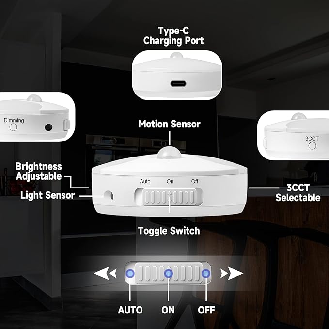 LED Night Light, Rechargeable Closet Light, Dusk to Dawn Sensor, Small Nightlight Automatically Turn On & Off, Compact Size, Adjustable Brightness & Color, 2 Pack