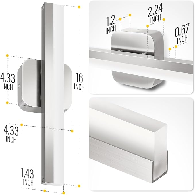 Yarra-Decor 16-inch LED Bathroom Vanity Light Bar,Vanity Lighting Fixtures for Mirror Illumination,Indoor Daylight White Wall Light 6000K (Nickel)