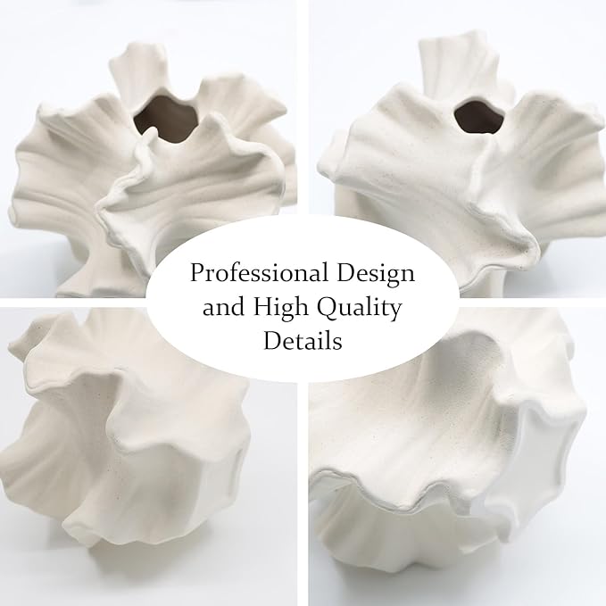 Ceramic Vase - Set of 2 for Home Decor,White Flower Shape Pampas Vases Minimalist Nordic Boho Style for Modern Farmhouse Decor, Living Room、 Kitchen、Mantle、Bedroom、Dining Table、Office
