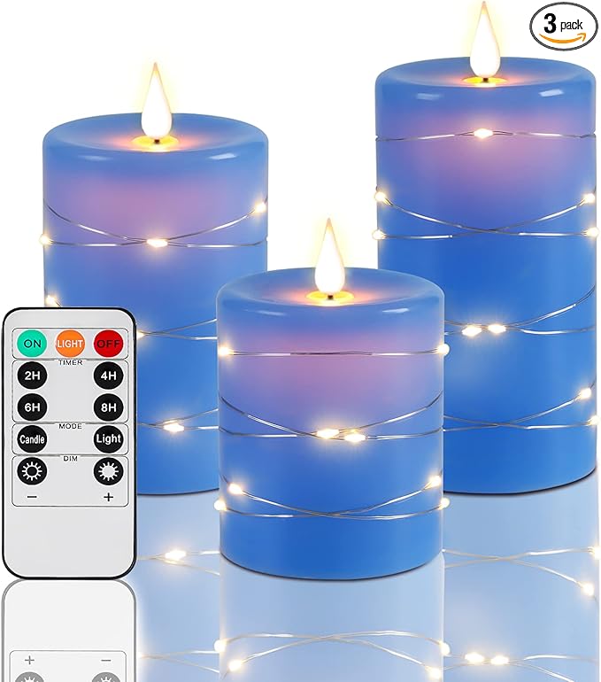 Upinmz Flickering Flameless Candles with Embedded String Lights, Battery Operated Candles with Remote Control and Timer,LED Candles for Home Decoration,Real Wax, 3 Pack Blue
