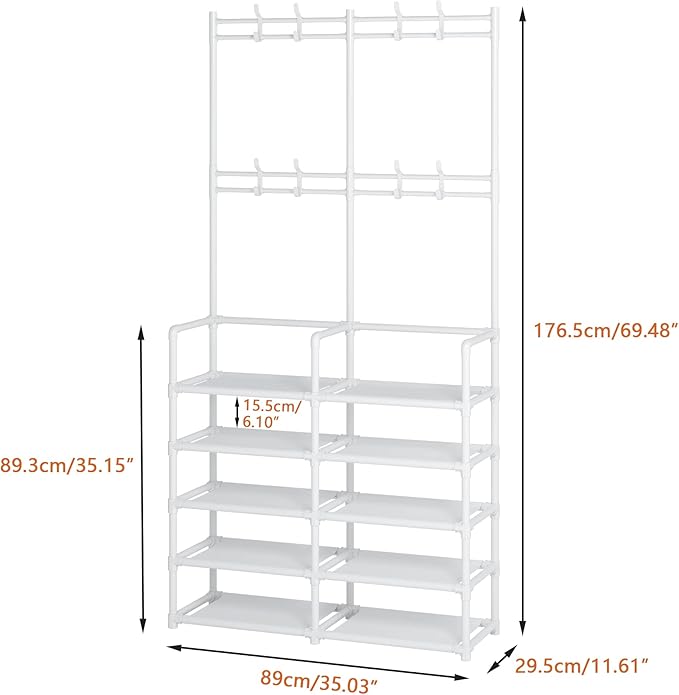 Laiensia 5-Tier Entryway Coat Rack, Coat and Shoe Rack, Entryway Bench Storage Organizer with 8 Hooks for Bedroom, Hallway, Office, White