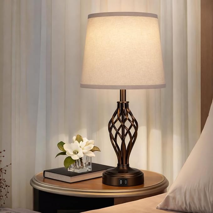 Touch Table Lamps Set of 2, nightstand lamp with USB Ports Bedside 3 Way Touch dimmer Desk lamp for Living Room Bedroom,Brown Plated Spiral cage Base Design Warm White dimmer Bulbs Included.