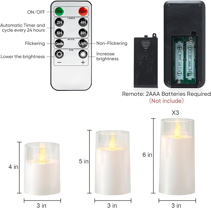 Amagic 3"×4" 5" 6" 6" 6" White Flameless Candles with Remote and Timer, Realistic Flickering Battery Operated Acrylic Led Fake Candles for Home Wedding Party Fall Christmas Decor, Set of 5