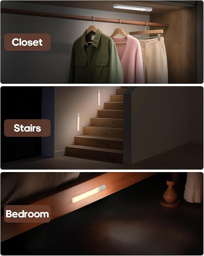 Motion Sensor Light Indoor, 60led Rechargeable Under Cabinet Lighting Wireless, Closet Lights Motion Sensored Night Light, 3 Temps&Dimmable Under Counter Lights for Kitchen, Shelves, Pantry,Stair
