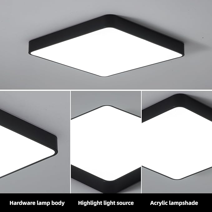 Ganeed 19.6 inch LED Ceiling Light, 39W Black LED Day White 6500K Square Flush Mount Ceiling Lamps, Energy Saving Light Fixture for Office Bedroom Kitchen Hallway Stairways