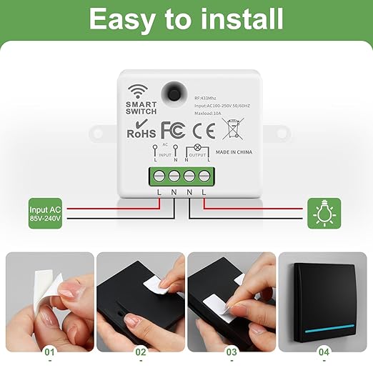 RGBZONE Wireless Light Switch and Receiver Kit, 100FT RF Range Remote Control, No Rewiring, AC85-240V Quick Create or Relocate On/Off Switches for Lamps (Black)
