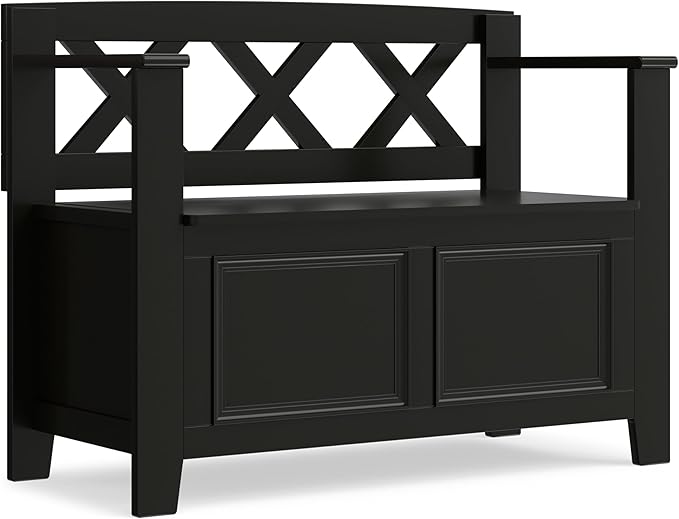 SIMPLIHOME Amherst Entryway Storage Bench - 36 inch Wide Solid Wood Hallway Bench in Black, Transitional Bench for Entry or Mudroom with Lift-Up Lid, Storage Compartments and X-Back Detail