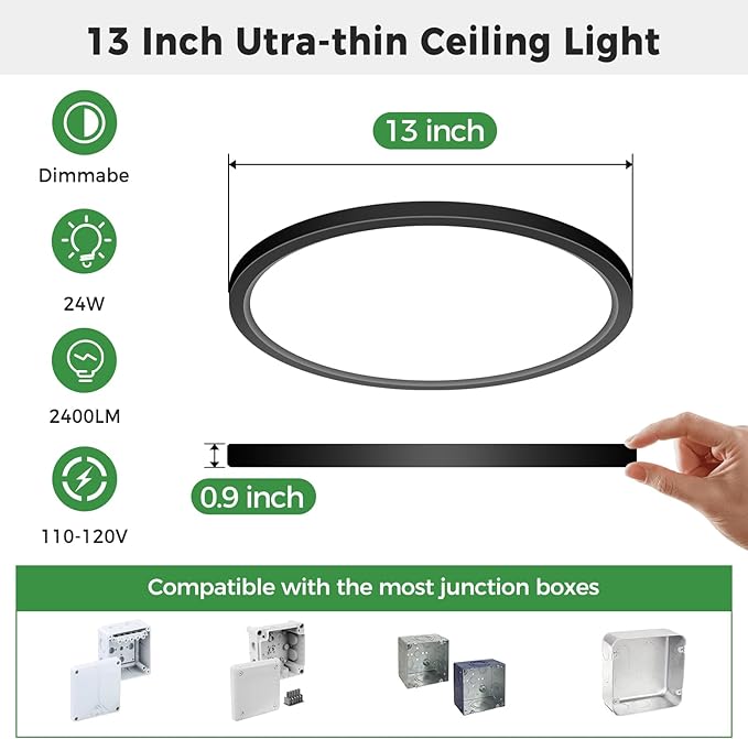 zemty 6Pack 13 inch Black LED Flush Mount Ceiling Lights, Dimmable 5 Color Temp (3000K-6500K), 24W 2400LM Bright Round Light Fixture for Kitchen Bathroom Bedroom Office