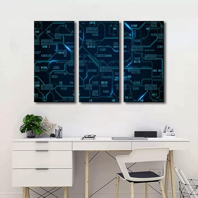 3 Pieces Canvas Wall Art Print Computer Chip Wall Art for Bedroom Circuit Board Wall Decor Art Paintings CPU Concept Modern Giclee Artwork for Office Home Decor Framed Ready to Hang(24"Wx36"H)