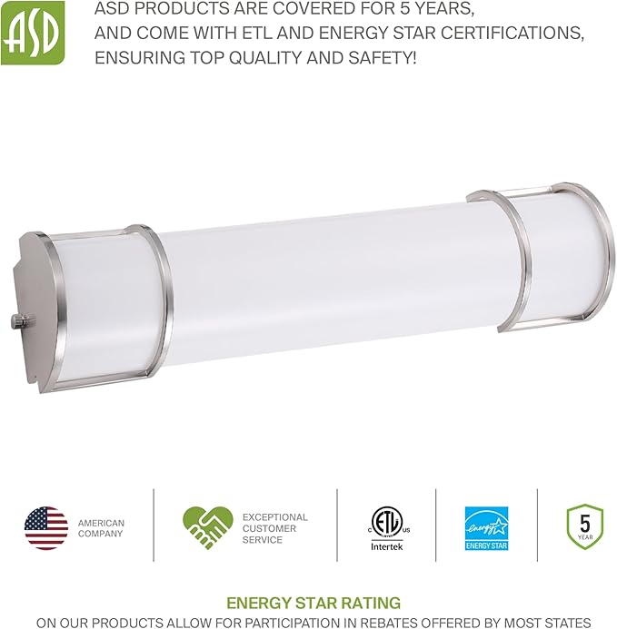 ASD LED 24" Vanity Flush Mount Light Fixture, Linear Bathroom Lighting Bar | 3CCT, Dimmable, Energy Star, ETL Listed | 25W 1950LM 3000-5000K 120V | Long Bath Wall Sconce Over Mirror | Nickel, 2 Pack