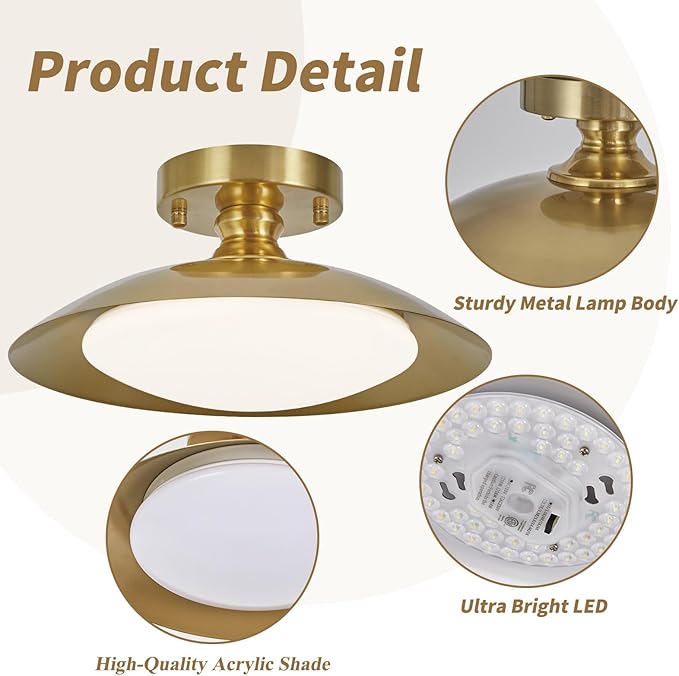 Dimmable Brass Ceiling Light Flush Mount Modern LED Lighting Fixture, 5CCT 3000 K- 6000 K Ceiling Lamp for Bedroom Hallway Living Room Kitchen