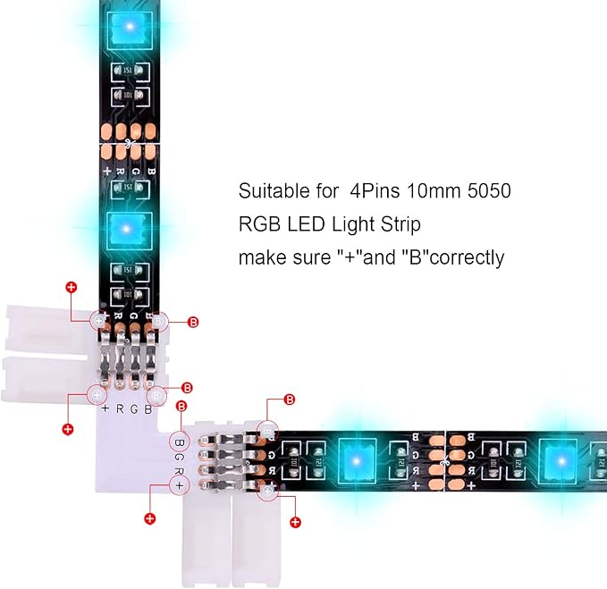 iCreating 5050 4Pin LED Strip Connector Kit 10mm RGB 4 Pin LED Connector Accessories Kit Include L LED Connectors for Strip Lights, 4-pin LED Light Strip Connectors with Wire, LED Extension Cable