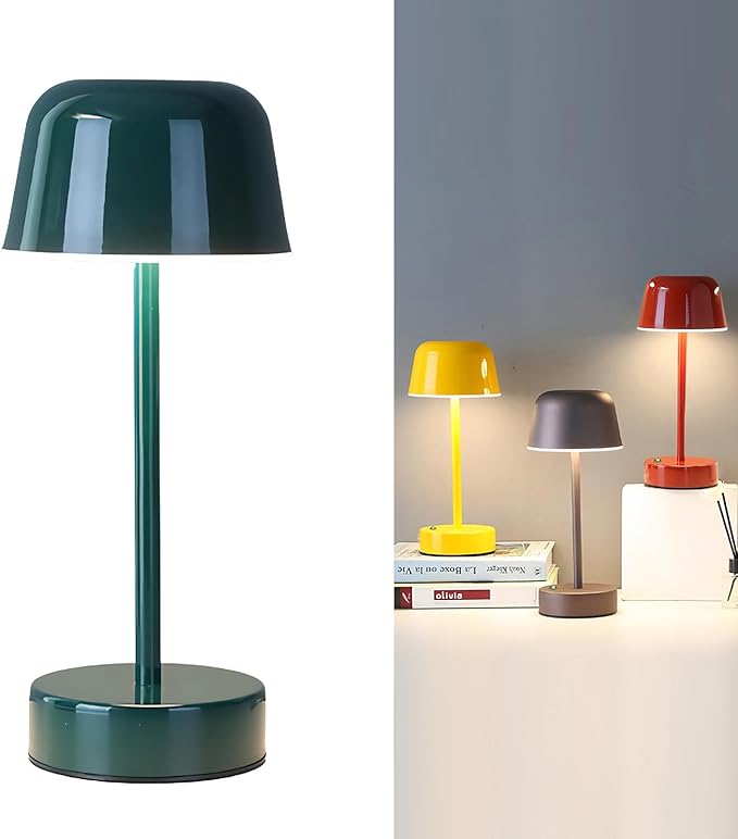 Rechargeable Table Lamp Cordless, Portable Mushroom Table Lamp with USB Port, Tri Color Dimmable Touch Lamps for Bedrooms, Nightstand, Dining Table, Living Room, Dark Green