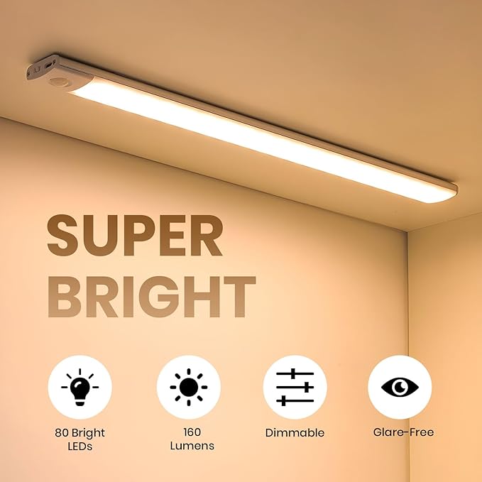 16 Inch Under Cabinet Lighting, 2 Pack 80 LED Motion Sensor Lights, 160LM USB-C Rechargeable, 2200mAh Battery, 10–100% Dimmable, 3 Color Modes, Stick-On Magnetic LED Closet Lights for Kitchen