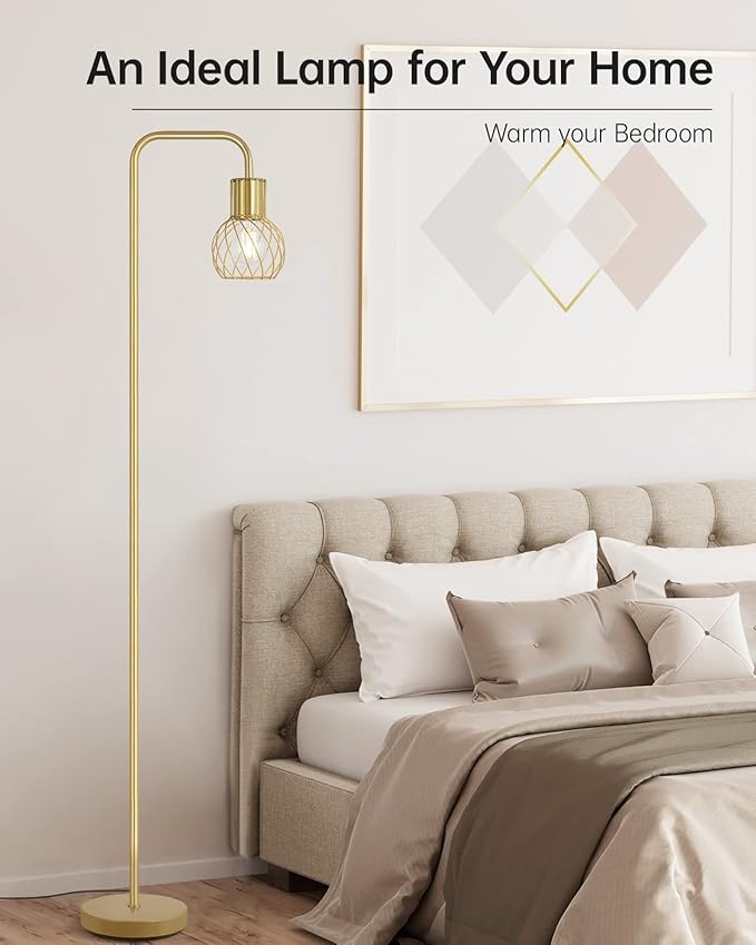 Brass Gold Standing Floor Lamp for Living Room - Modern Industrial Design with 6W LED Bulb, Foot Switch, Metal Tall Stand, Minimalist Farmhouse Boho Style for Bedroom & Office