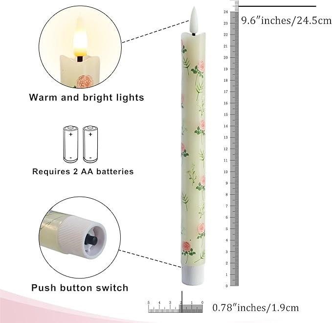 Floral Candles Remote Candlesticks-10inches Timer Flickering Battery Operated Candle Chinoiserie LED Taper Candles Lights for Home Wedding Tea Party Windows Decor,3PCS-RFL