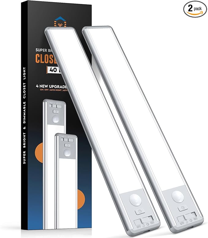 Under Cabinet Lighting, 40 LED Motion Sensor Light Indoor Rechargeable, 1800mAh Closet Lights Battery Operated for Kitchen Cabinets, Shelves, Walls (2 Pack)