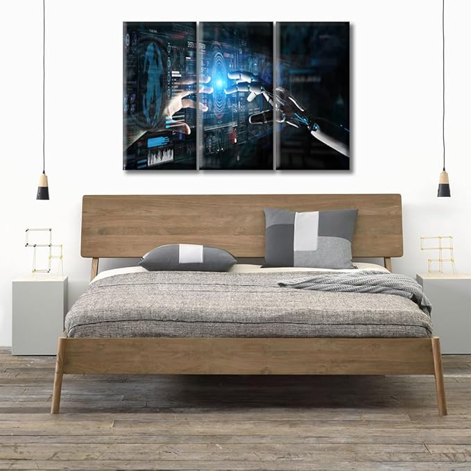 Wall Art Decor Canvas Wall Art Robot Hand and Human Hand Touching Art Prints Contemporary Home Decor Virtual Network Pictures Wall Art Framed Gallery-Wrapped Ready to Hang (36"Wx24"H)