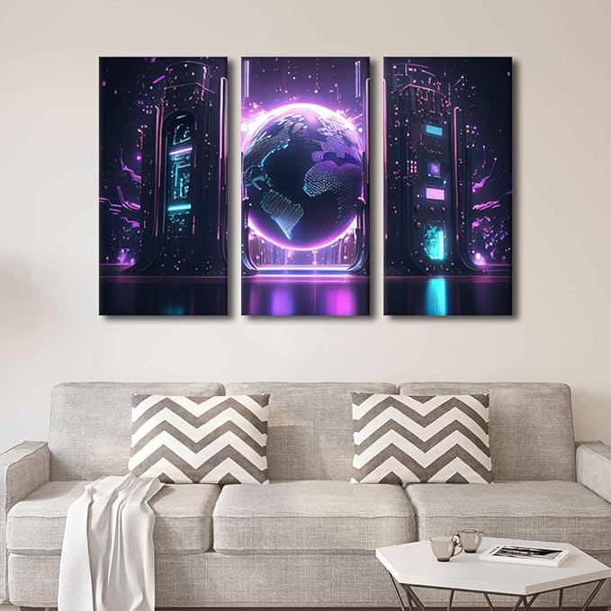 Cyber Space Wall Art 3 Panel Neon Colorful Global World in Cyber Space Pictures Posters for Living Room Decorations, Concept Artwork Wooden Framed Gallery-Wrapped Ready to Hang, 42" Wx28 H