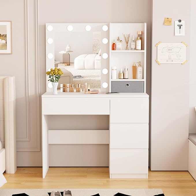 Fameill Makeup Vanity with Lights, 37inch Vanity Desk with Mirror and Lights 4 Drawers, 3 Lighting Modes Brightness Adjustable, White