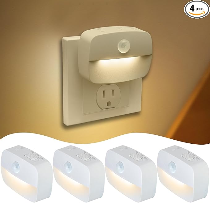Sossi Motion Sensor Night Light Plug in 4 Pack,10-60Lm Stepless Dimming,3 Light Modes with Memory, Smart Night Lights Plug Into Wall Sensor,Dusk to Dawn Sensor for Bedroom,Toilet,Hallway,Kitchen