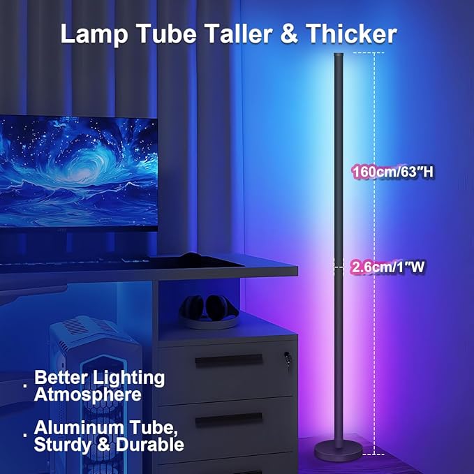 LED Floor Lamp, 63-Inch RGB Corner Light with Music Sync, Smart App Control, 16 Million Colors, Remote Control for Living Room, Bedroom, Gaming Room (1 Pack)
