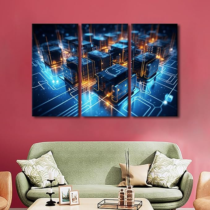 3 Panel Canvas Wall Art Digital Network Concepts Picture Poster for Living Room Bedroom Bathroom Wall Decorations, Stretched Framed Gallery-Wrapped Ready to Hang, 60" Wx40 H