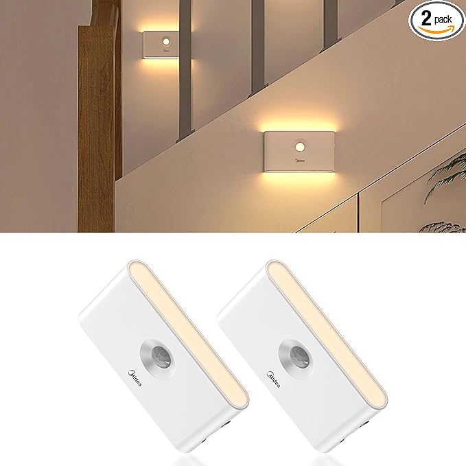 Midea 2 Pack Rechargeable Night Lights with Motion Sensor/Dusk to Dawn Sensor, Batteries Operated Night Light Stair Lights for Indoor/Bedroom/Bathroom/Kitchen/Hallway,Cordless Design with Magnetic