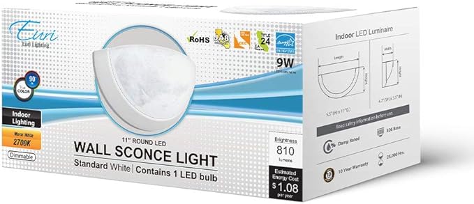 Euri Lighting EIN-WL51WH-1020cec, Indoor Half Moon Sconce, 9W, 810lm, 2700K, 90+ CRI, Dimmable, E-Star, CEC (CA Compliant), JA8, Damp Rated, Lamp Included, White Housing, 10YR WTY