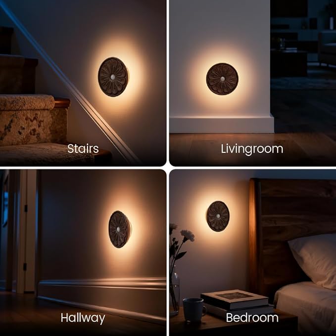 Wood Flower Motion Sensor Night Light, Mini Lamp with Embossed 3D Floral Surface, Rechargeable Warm Light, Stick-On Magnetic Mount for Home Decor, Bedroom, Hallway, Stair (Round Black Walnut *1Pack)