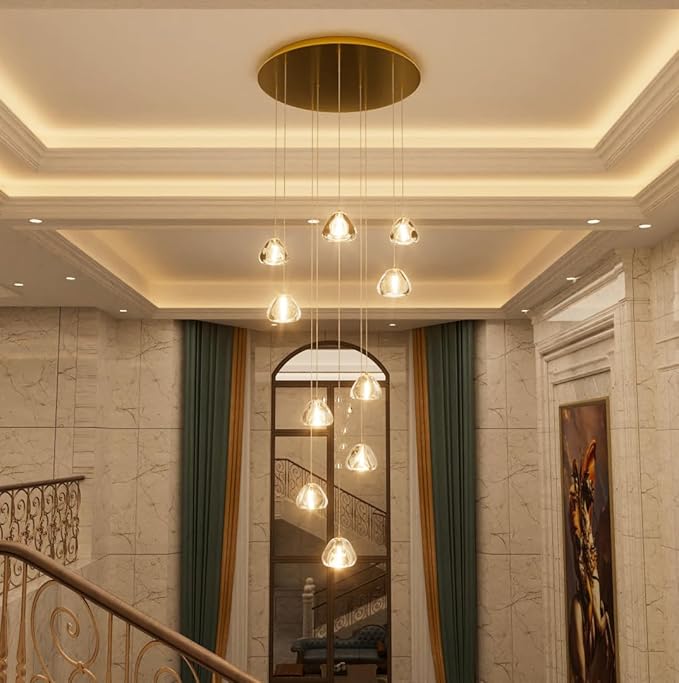 Glam Chandelier with LED Dimmable Bulbs Bubble Crystal Balls Glam Chandeliers High Ceiling Pendants Light Fixtures Adjustable Long Lights Gold Light