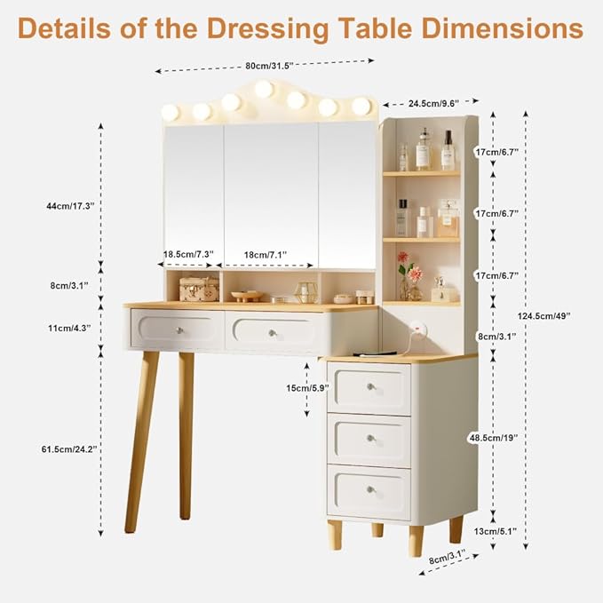 Vanity Desk with Mirror and Lights,Makeup Vanity with 2 USB Power Strip,Vanity Set with Two Drawers and Three-Drawer Chest, 3 Lighting Modes Adjustable Brightness, Foldable Three-Sided Mirror