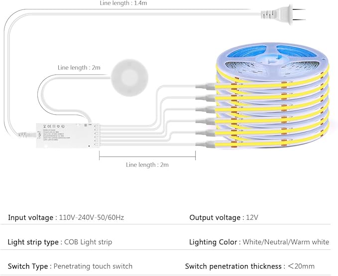 AIMENGTE 12V COB LED Cabinet Lights Strip, 6 x 3.3ft Touch Dimmable 3000K Lighting for Parallel Wood Slat Wall Panels, Display Cabinets, Wardrobes, Showcases, Shelves