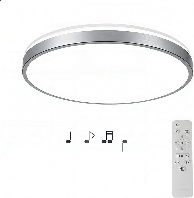 HOREVO LED Bluetooth Ceiling Light with Speaker Remote Control‌ Dimmable RGB Color Changing, Modern Flush Mount for Living Room, Bedroom, Kitchen, Laundry，Silver 16inch