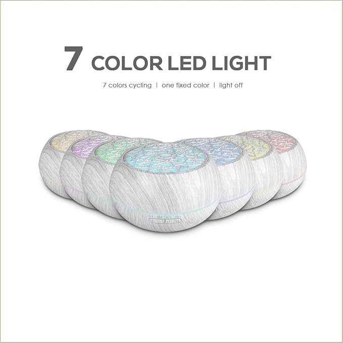 550ml Large Capacity Essential Oil Diffuser 6 Essentil Oil Set Aromatherapy Ultrasonic Air Humidifier with Timer and 7 Color LED Night Light Remote Control Waterless Auto-Off White Wood Grain