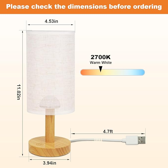 Touch Bedside Table Lamp with USB Powered,Stepless Dimming 2700K Warm Night Light, Minimalist Wood Base Linen Shade,Boho Nightstand Lamp for Bedroom Nursery Dorm Kitchen Small Spaces (5W LED 50K Hrs)