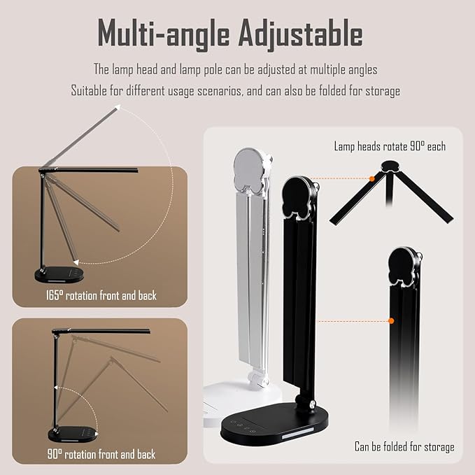 LED Double Head Desk Lamp with Night Light, 5 Color Temp, Slide Steplessly Adjust Brightness, 60 min Timer, Touch Control, Foldable Table Light for Working, Reading (Black Rechargeable)