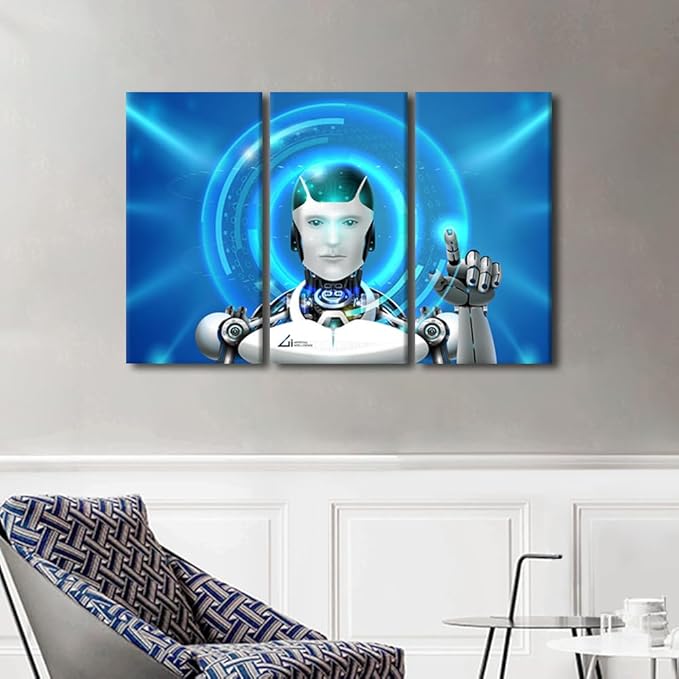 Wall Pictures for Living Room Décor Robot Prints 3 Pieces Wall Art AI Intelligence Framed Wall Art on Canvas AI Artwork Gallery-Wrapped Posters Prints Framed Ready to Hang, 42" Wx28 H