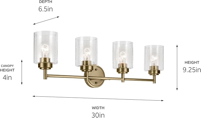 Kichler Winslow 30" 4-Light Vanity Light with Clear Seeded Glass in Natural Brass for Bathroom Vanity, Luxe Industrial, (30" x 9.25"), 45887NBR