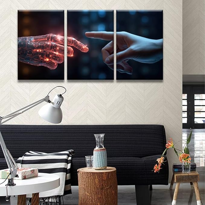 LSIUHWUWI Wall Art Painting Artificial Intelligence,The Human Finger touches the Robot's Finger Pictures Print on Canvas 3 Panel Canvas Wall Art Framed Ready to Hang 16x24inchx3